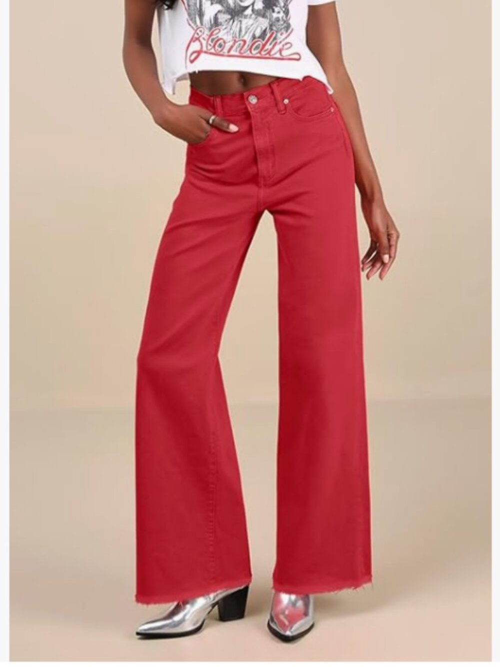Allimy Baggy Frayed-Hem Jeans, Red, Sz 8, high-waist, wide leg